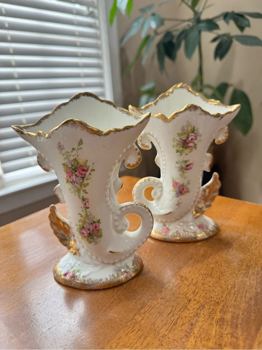 Vintage Peasant Village White and Gold Porcelain Vases with Pink Floral Accents